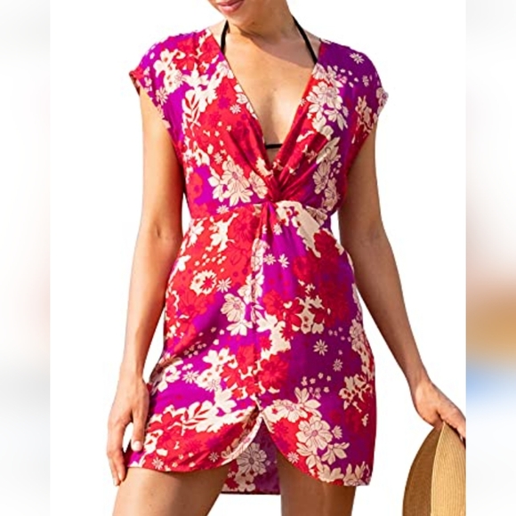 Cupshe Other - NWT cupshe Summer dress/cover up floral pattern‎ red/cream elastic waist Size XL